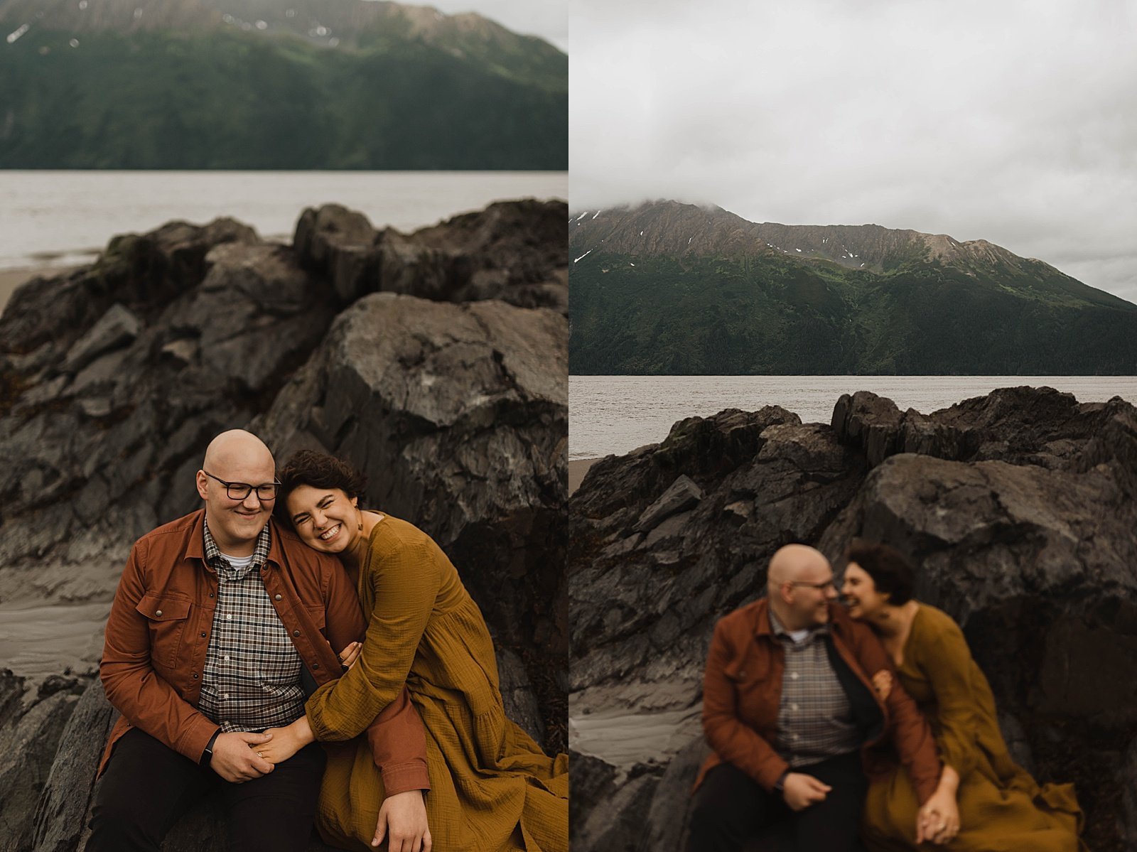  Woman snuggling on her husband’s shoulder with Alaska mountains and a lake in the background.  