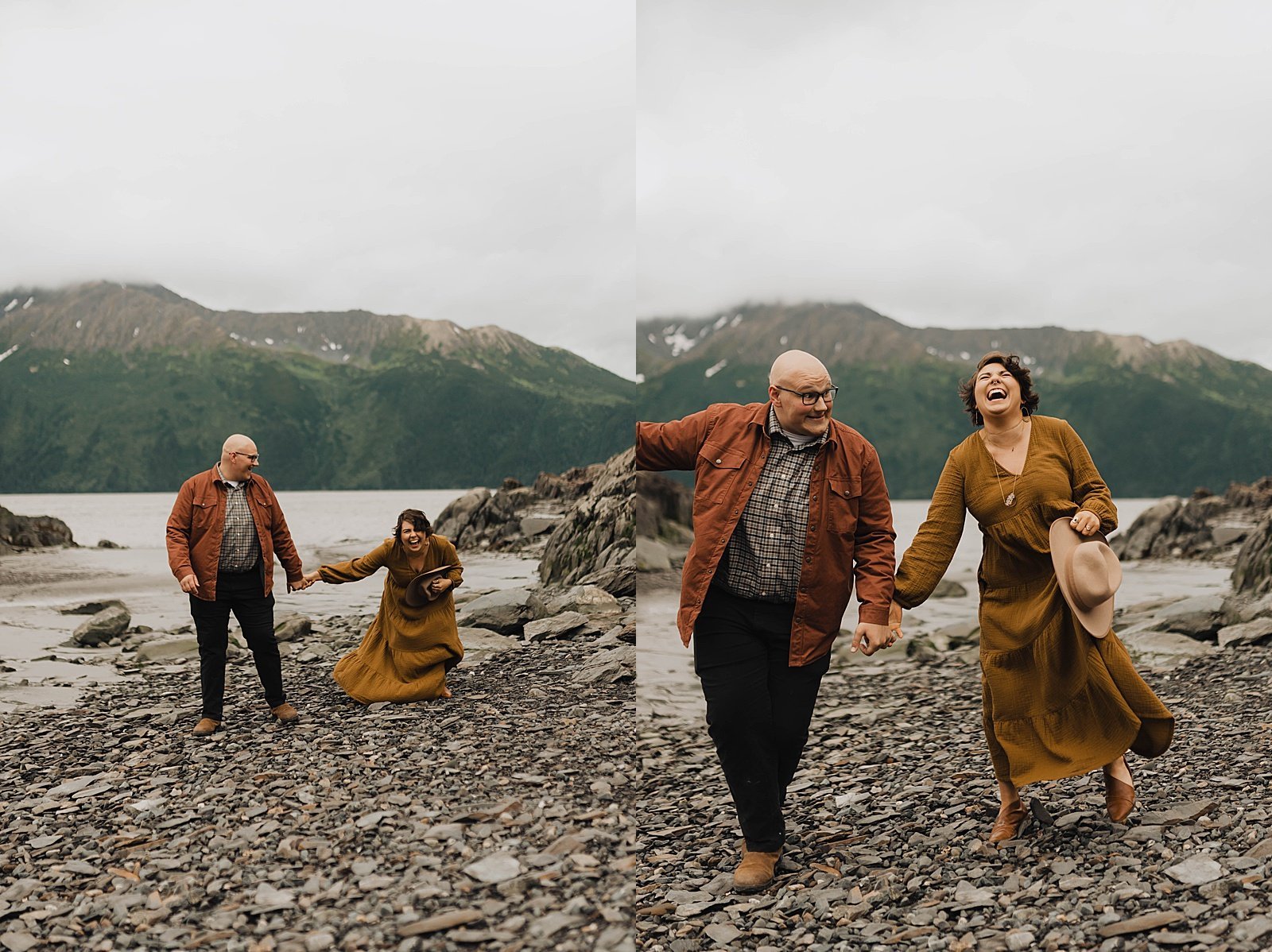  Couple laughing and holding hands on the shore of a lake in Alaska for a romantic anniversary session. 