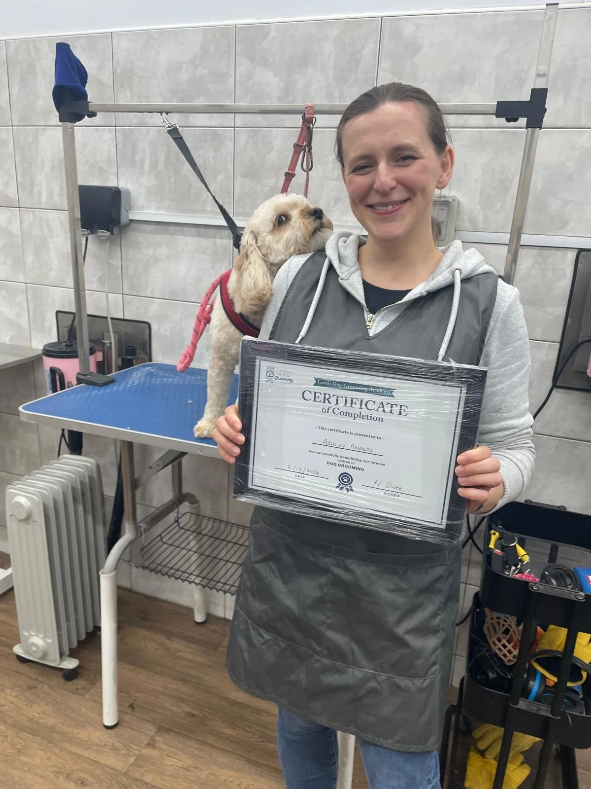 A woman holding a certificate of completion in a dog grooming salon, standing next to a small dog on a grooming table.