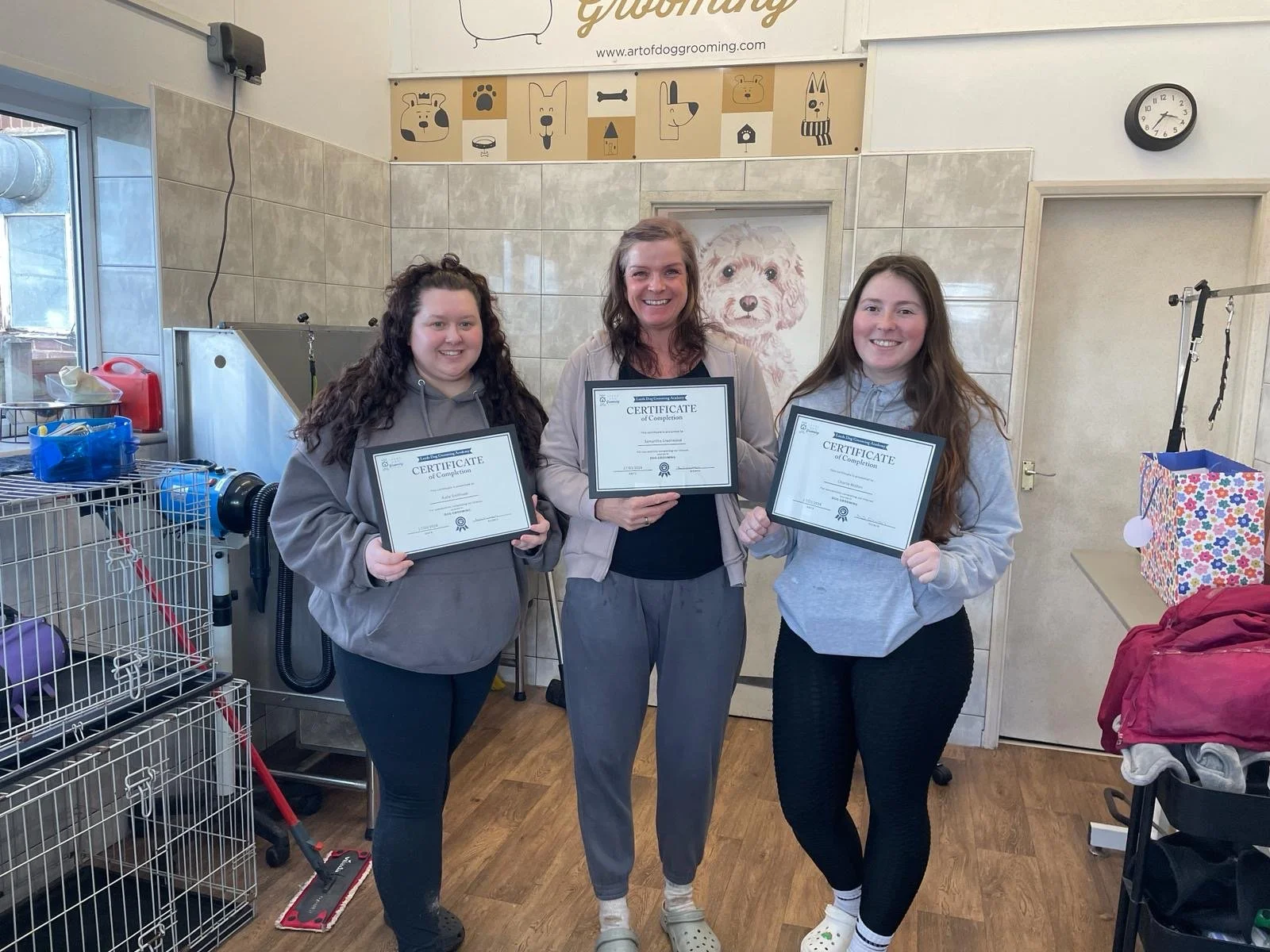 Three people holding certificates in a pet grooming setting, standing in front of dog grooming equipment and decor. They are smiling and wearing casual clothing.
