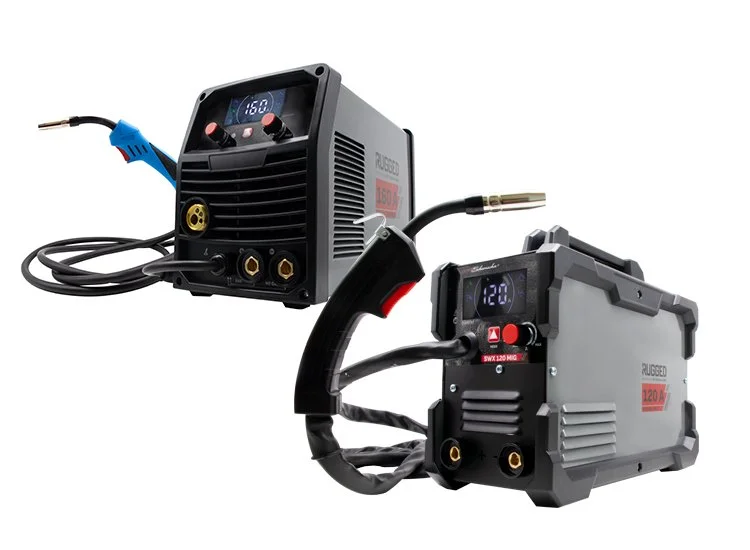 Two welding machines with digital displays, connected by cables and a welding torch.