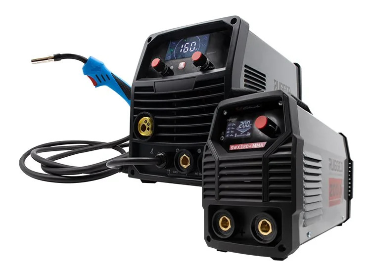 Two welding machines with digital displays and cables, one smaller and one larger, set against a white background.