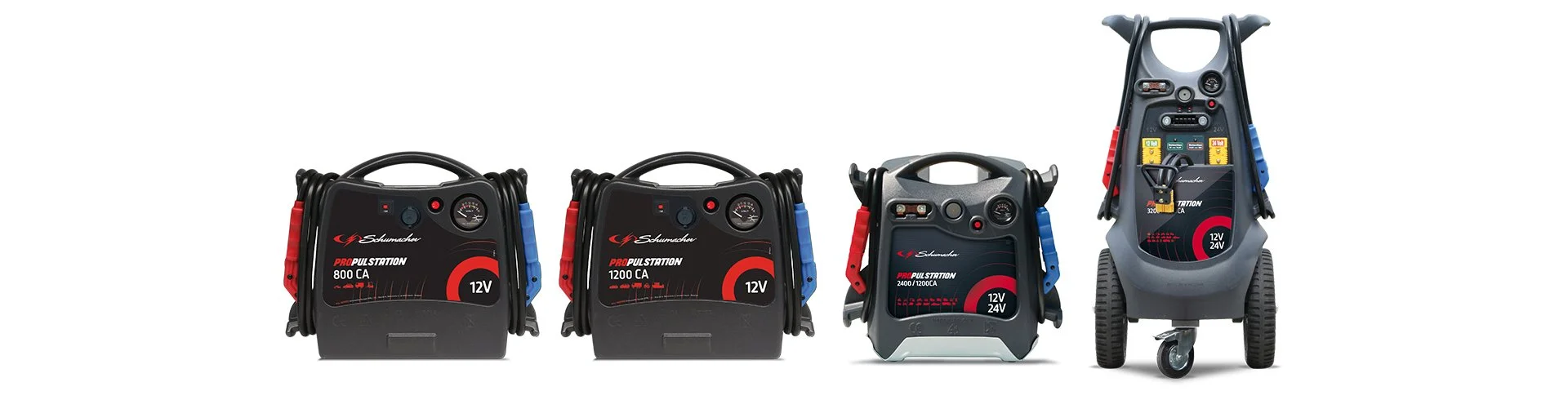 Four portable jump starter batteries, black with red and blue accents, arranged from left to right, with one on wheels.