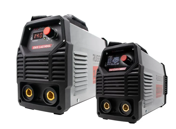 Two RUGGED welding machines, gray and black, with digital displays and gold-colored connection ports, used for industrial welding.