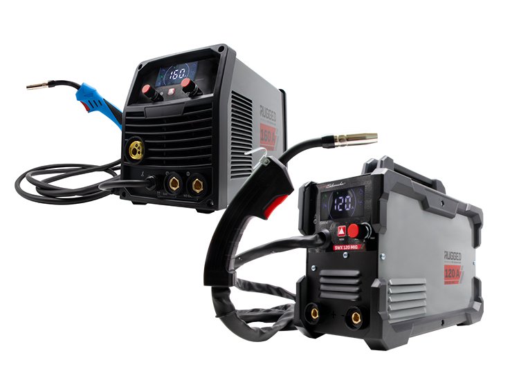 Two welding machines, one with a digital display showing 160 and the other showing 120, connected with cables and a welding torch.