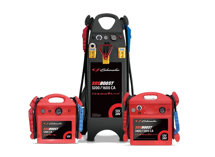 Three portable jump starter devices in black and red, with battery clamps and cables, used for car battery jump-starts.
