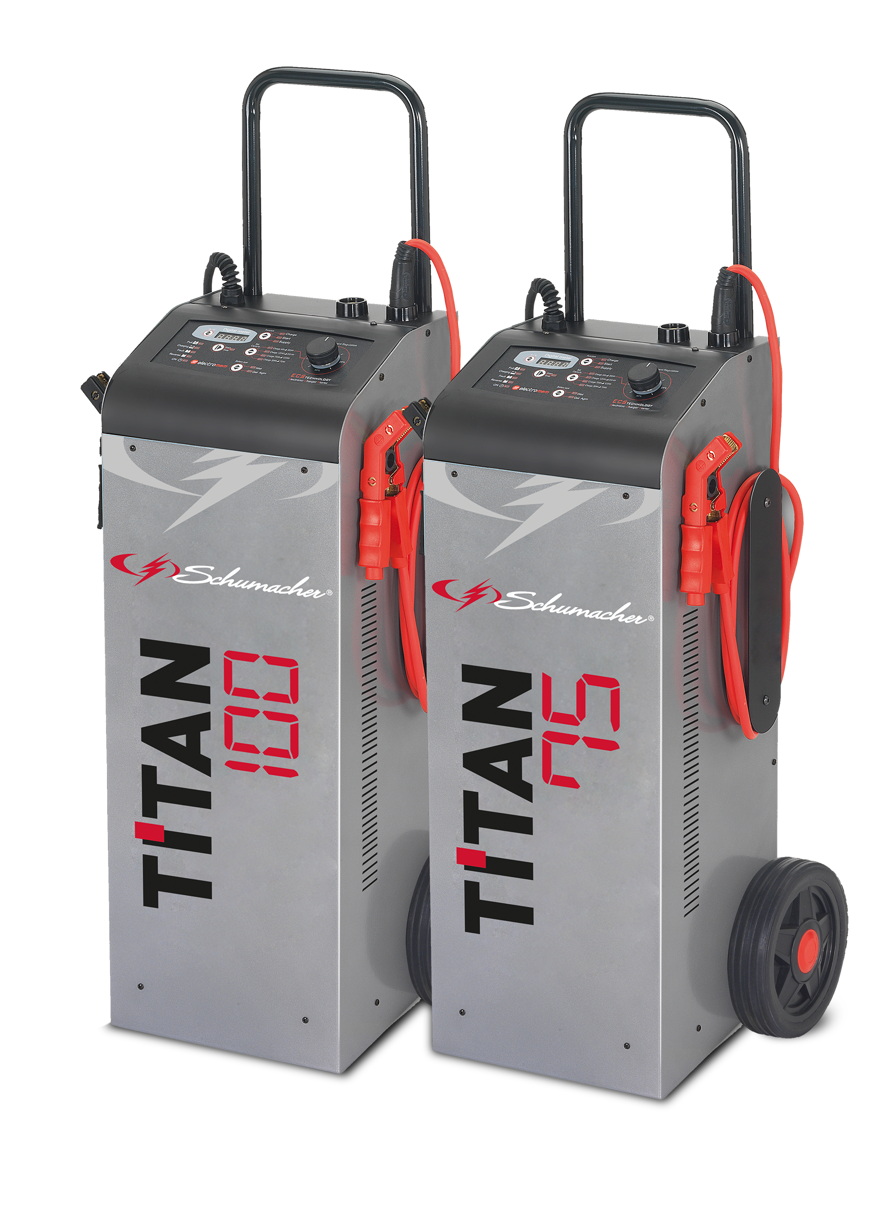 Two industrial electrostatic paint sprayers labeled 'ATTACK 1500' with control panels, wheels, and red grounding cables.