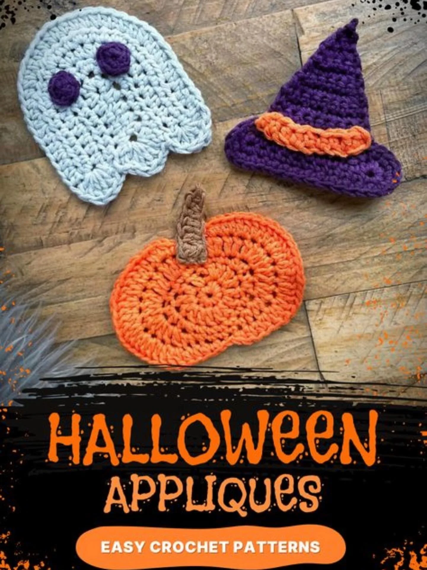 👻 Halloween Crochet Appliqu&eacute; Patterns - simple stitches and easy to make! Size up the hook and yarn to make chunky versions for outdoors? Use them for bunting of outdoor tree decorations. Make smaller versions for key rings or teeny tiny ones