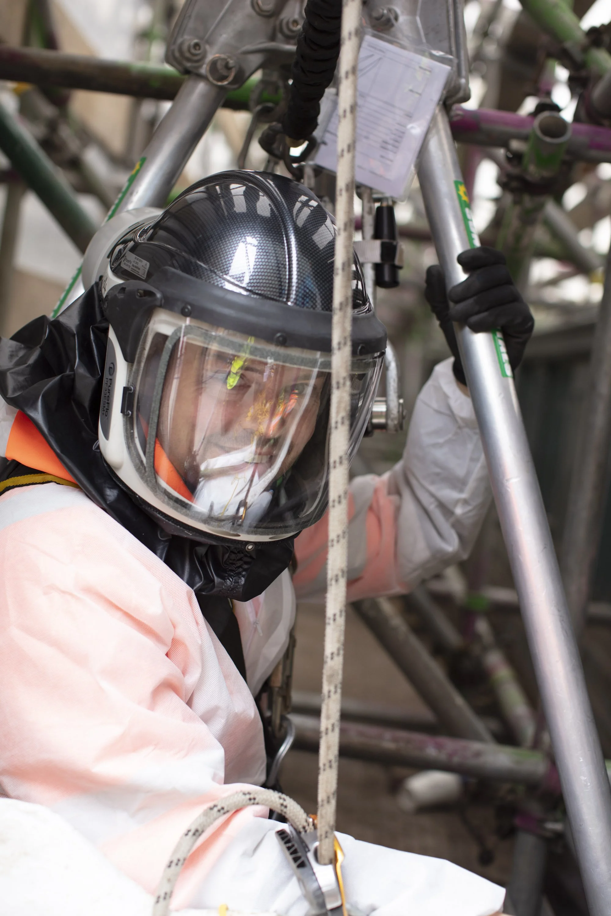 Rope Access Technician, Matt, is ‘suited and booted’ in the necessary personal protective equipment (PPE) to allow safe access within the bridge deck void to carry out guano removal and make the area safe to access.