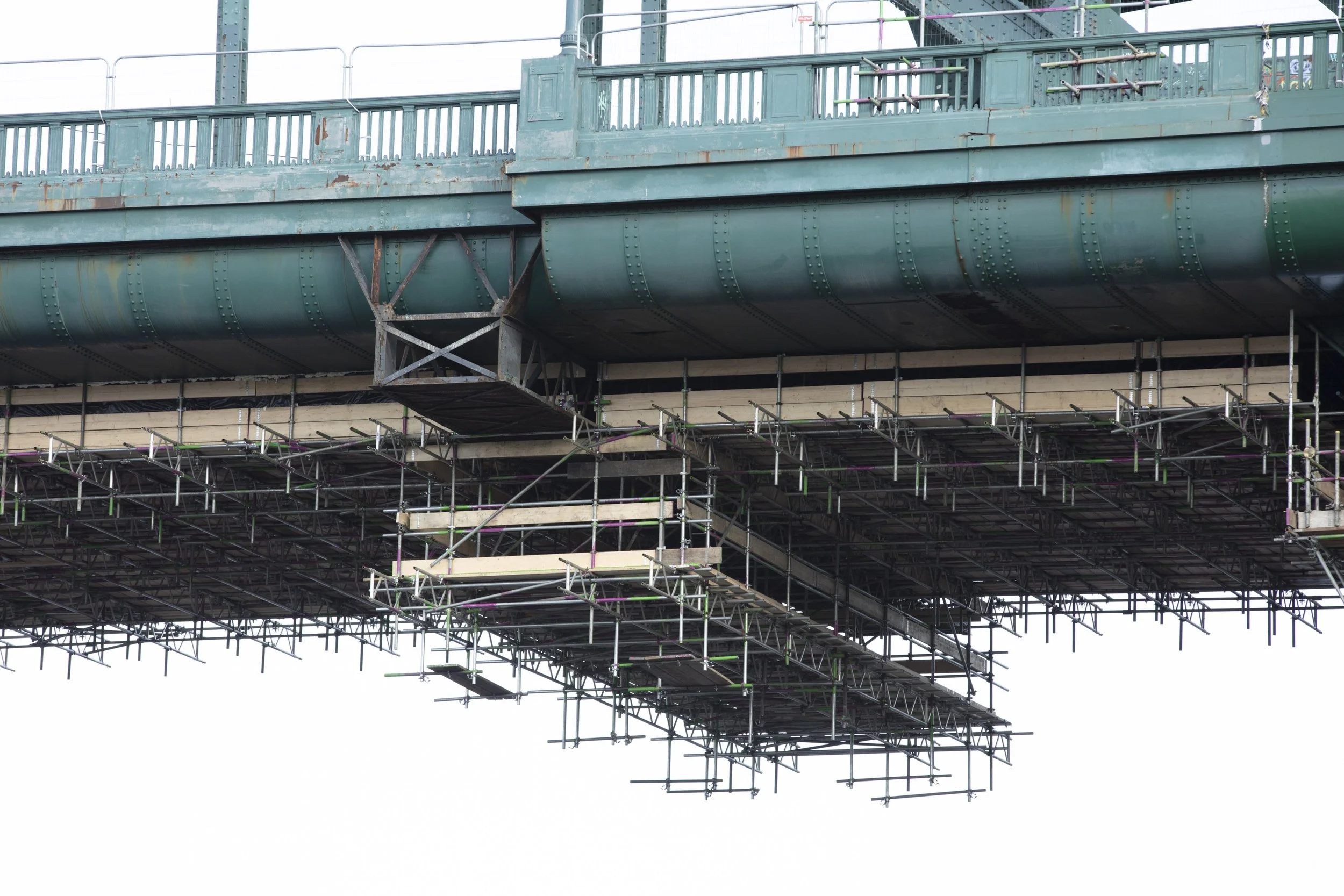 The suspended scaffold structure was installed adjacent to the soffit and is 11 metres wide. It provides access underneath the main bridge deck for further inspections to be carried out ahead of restoration work beginning in this section.