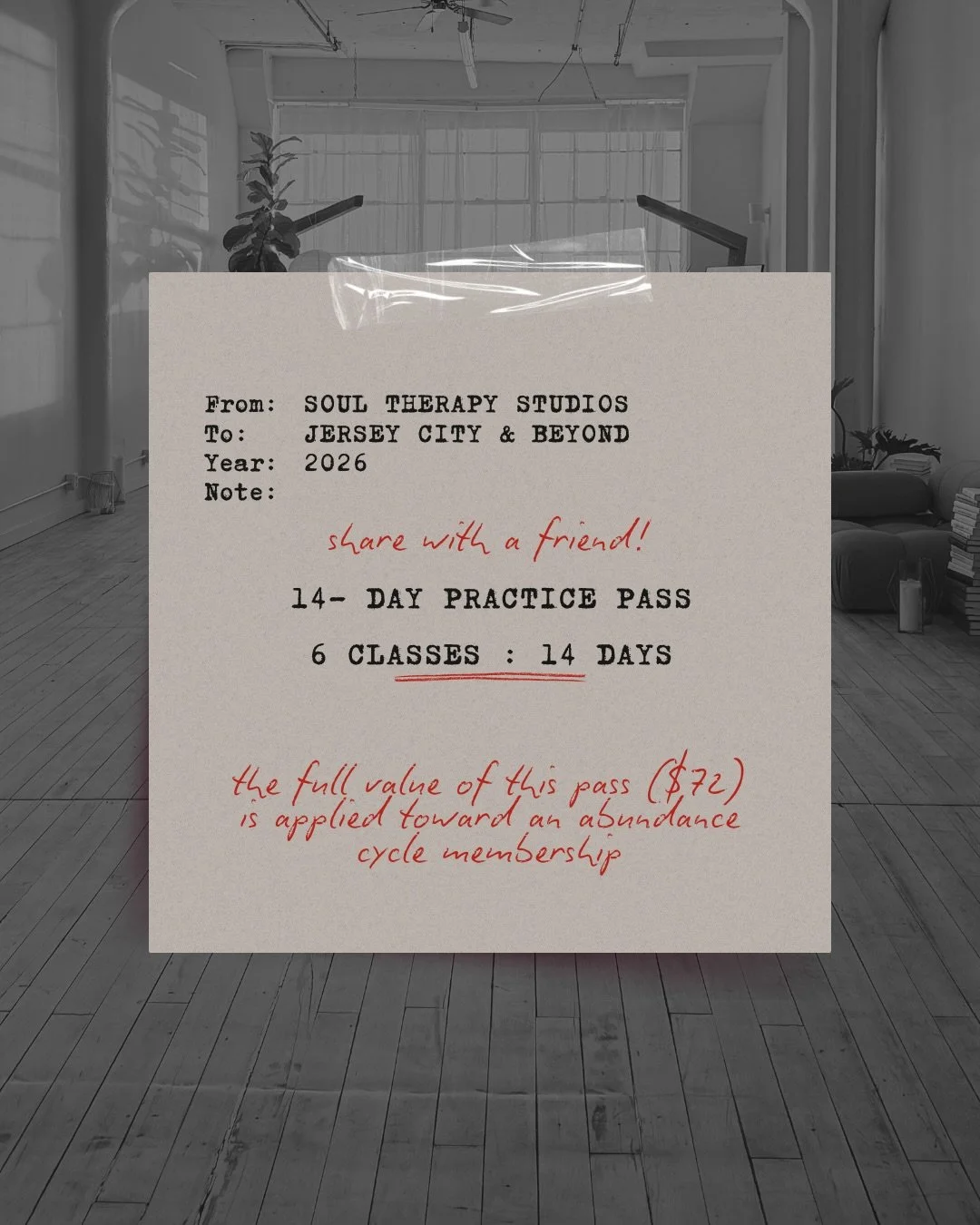 Soul Therapy is offering a 14-Day Practice Pass for anyone who is new to the studio and interested in building a consistent wellness routine.

The pass includes up to six classes within fourteen days, with access to Tuesday and Thursday classes and o