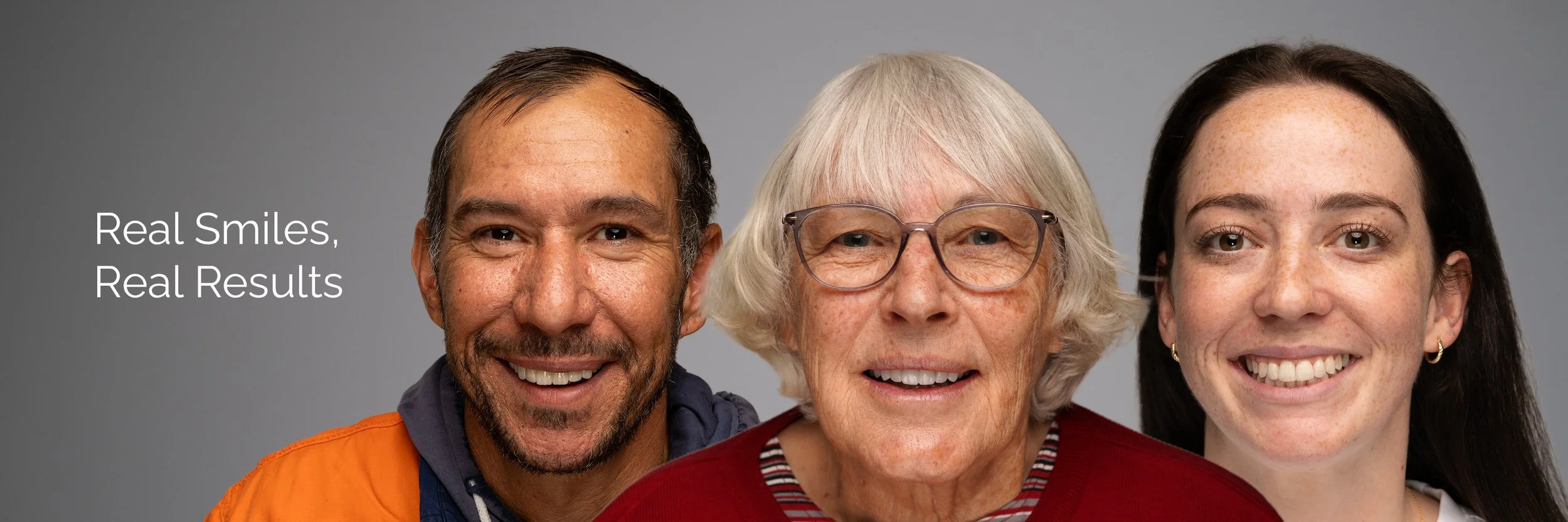 Three smiling individuals, an older woman with glasses in the center, a man on the left, and a young woman on the right, with the text 'Real Smiles, Real Results' beside them.