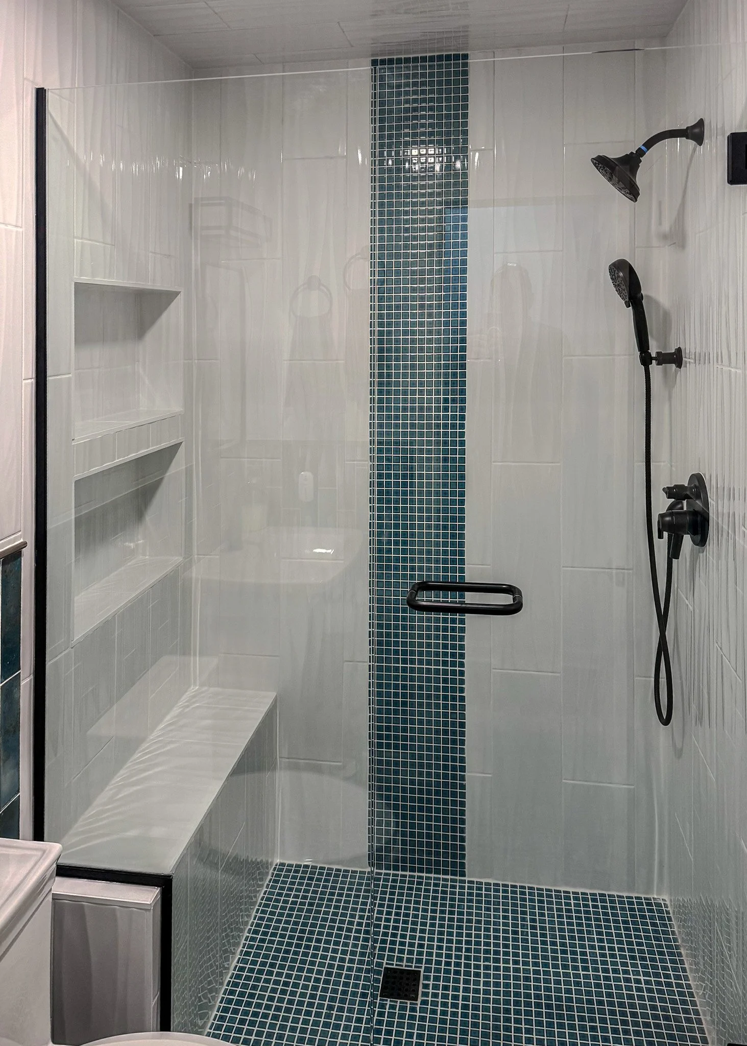 Bathroom shower with glass door, two shower heads, tiled walls and floor, built-in shower shelves, and a toilet in front of the shower.