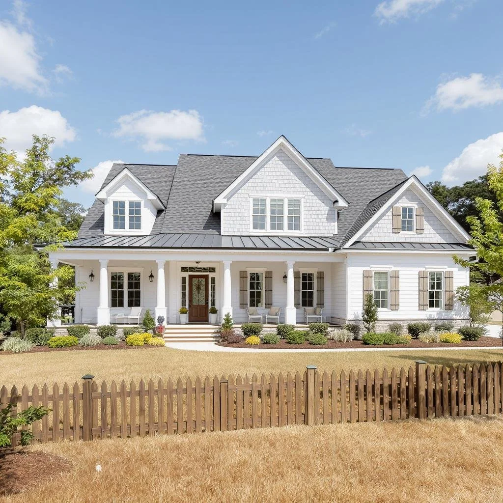 A large white house with a front porch, gray roof, and multiple windows, surrounded by a landscaped yard and brown picket fence, under a partly cloudy sky.