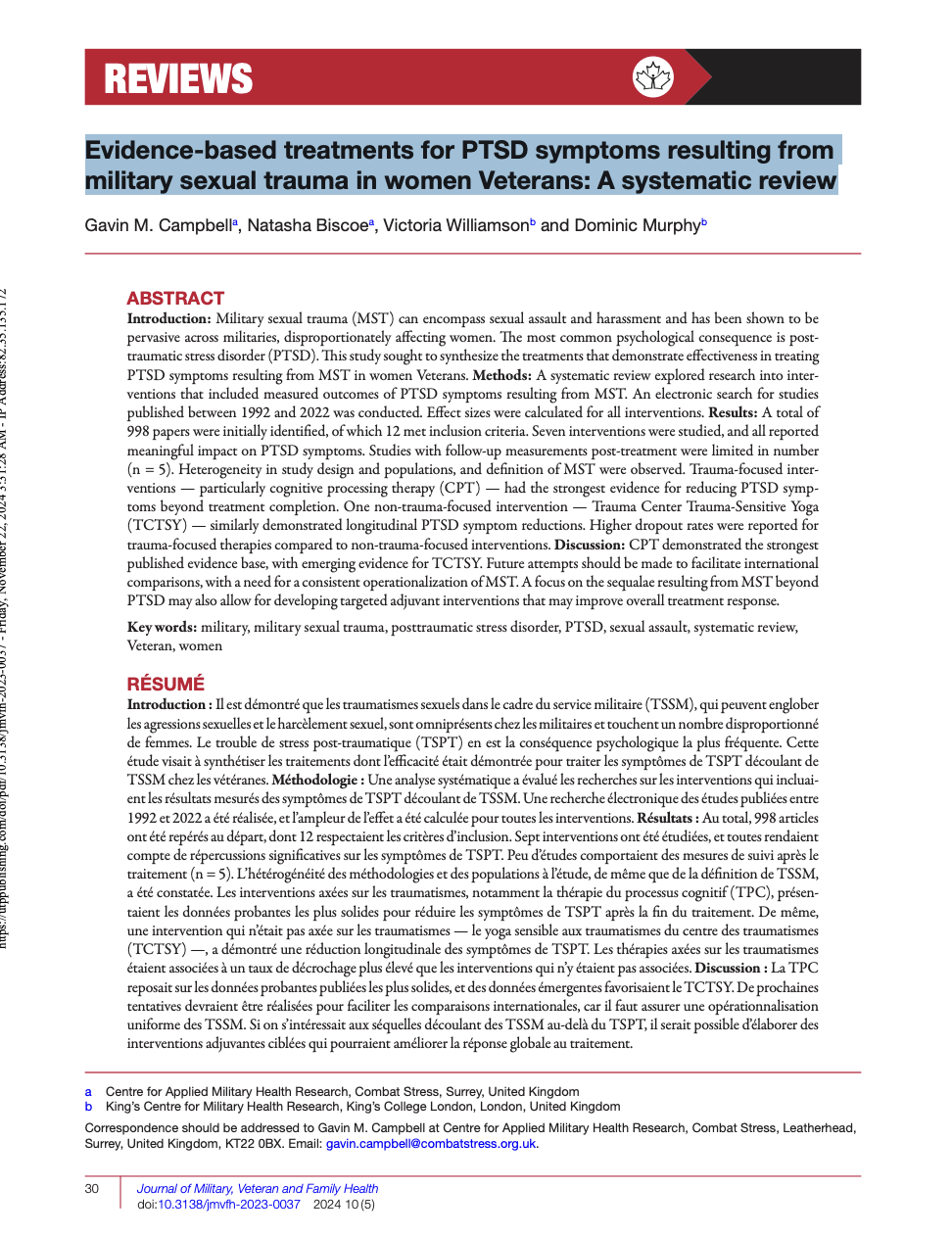 Evidence-based treatments for PTSD symptoms resulting from military sexual trauma in women Veterans: A systematic review