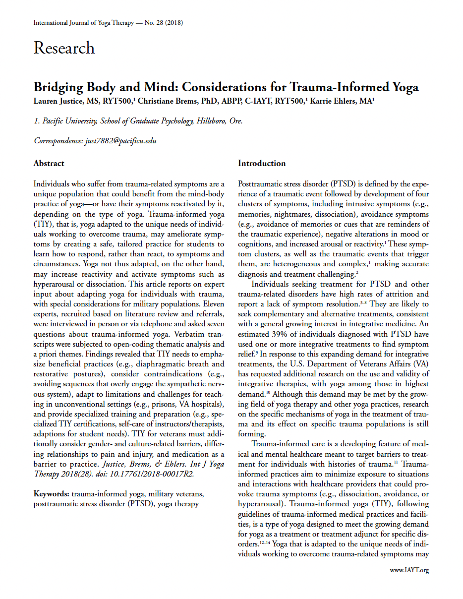 Bridging Body and Mind: Considerations for Trauma-Informed Yoga (with special considerations for military populations)