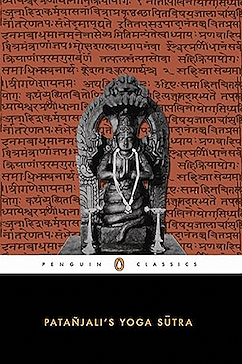 Cover of a book titled 'Patanjali's Yoga Sutra' with a black and white photograph of a seated deity or saint in meditative pose, framed by an ornate arch, against a red background with Sanskrit script.
