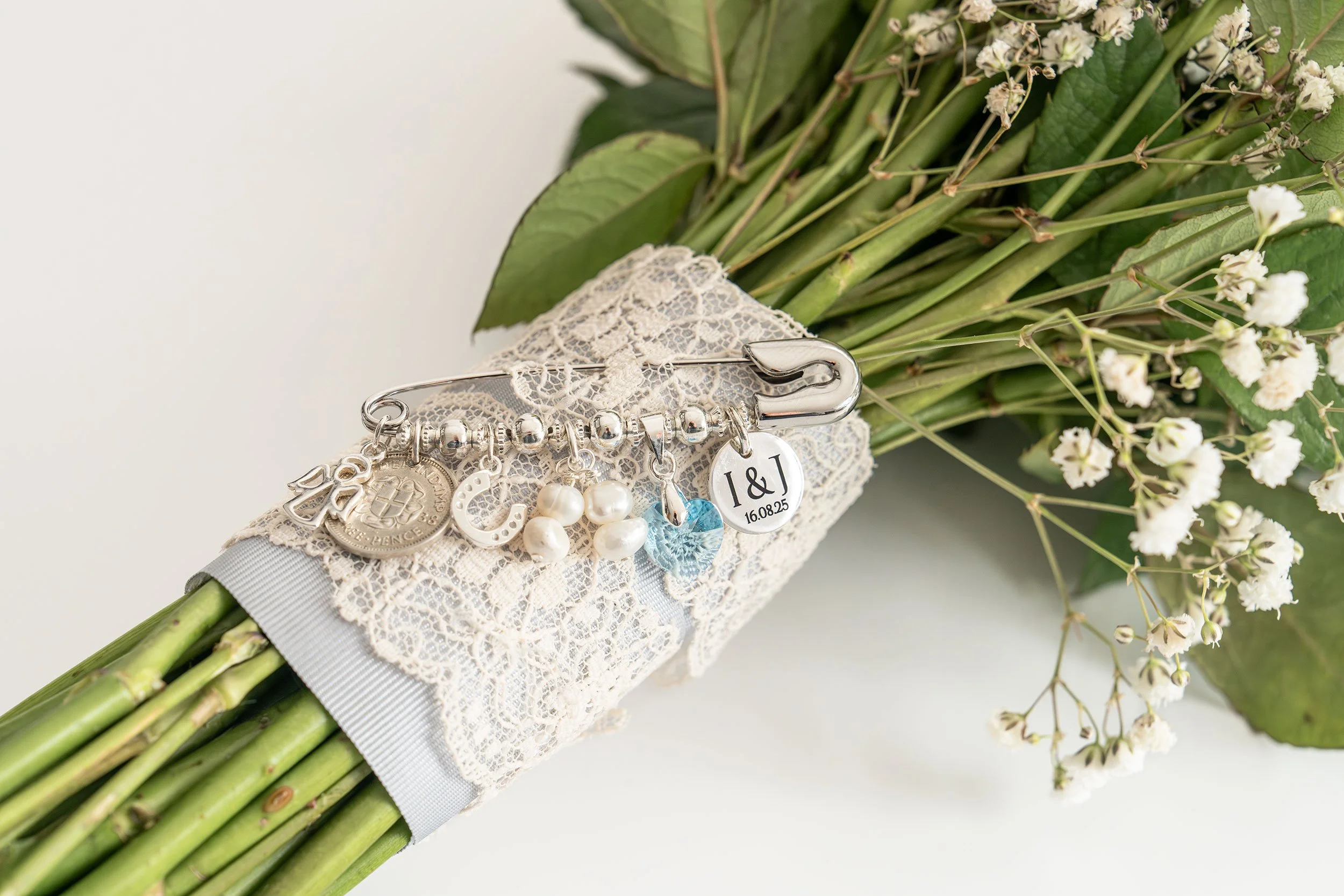 Bridal Charm Pin with personalised sterling silver disc