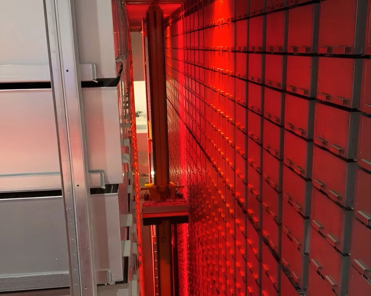 Red lighting enables viewers to see the bookBot in action.