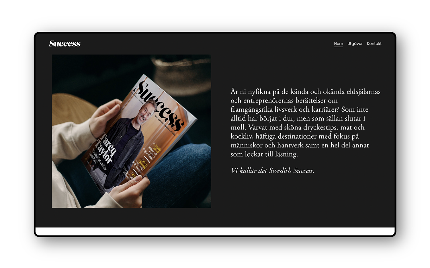 Datorskärm visar startsidan av Success Magazine svartvita hemsida skapad i Squarespace