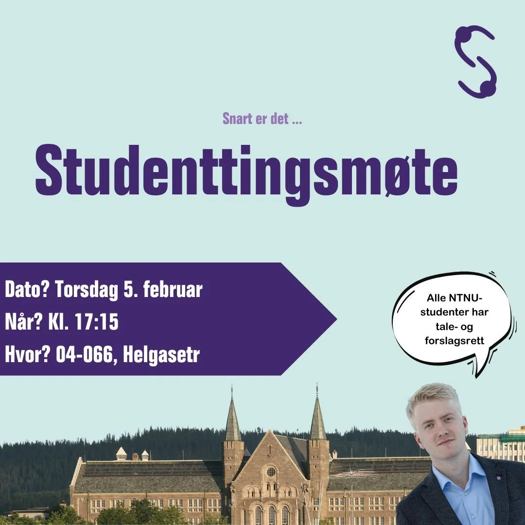 I dag finner &aring;rets f&oslash;rste Studenttingsm&oslash;te sted!😄 Alle har talerett, og alle NTNU-studenter har ogs&aring; forslagsrett. Vi ser fram til et godt m&oslash;te!🤩
Sakspapirer kan du finne p&aring; Studenttinget.no under "kommen