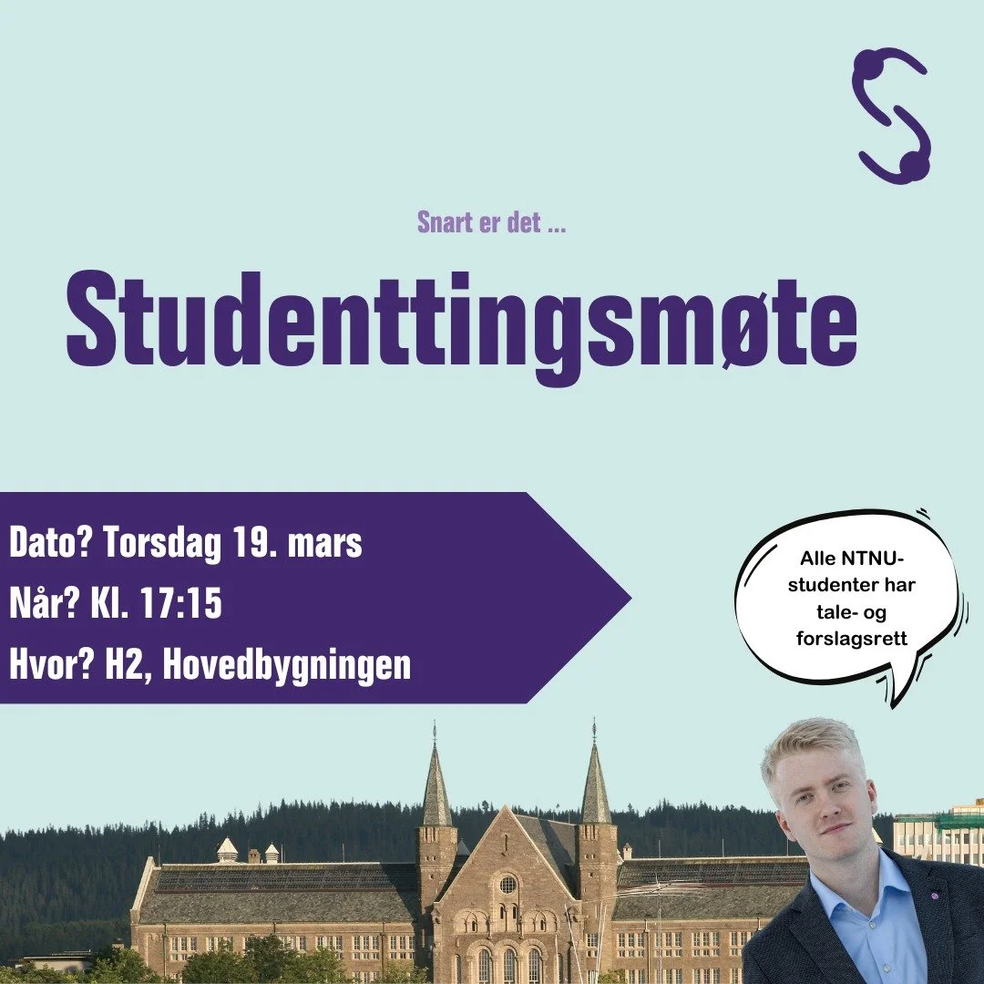 P&aring; torsdag er igjen tid for m&oslash;te i Studenttinget!

⏱️ 19. mars, 17:15
📍 H2, Hovedbygningen, Gl&oslash;shaugen

I l&oslash;pet av m&oslash;tet skal Studenttinget behandle flere store vedtakssaker, og oppnevne studentrepresentanter til to