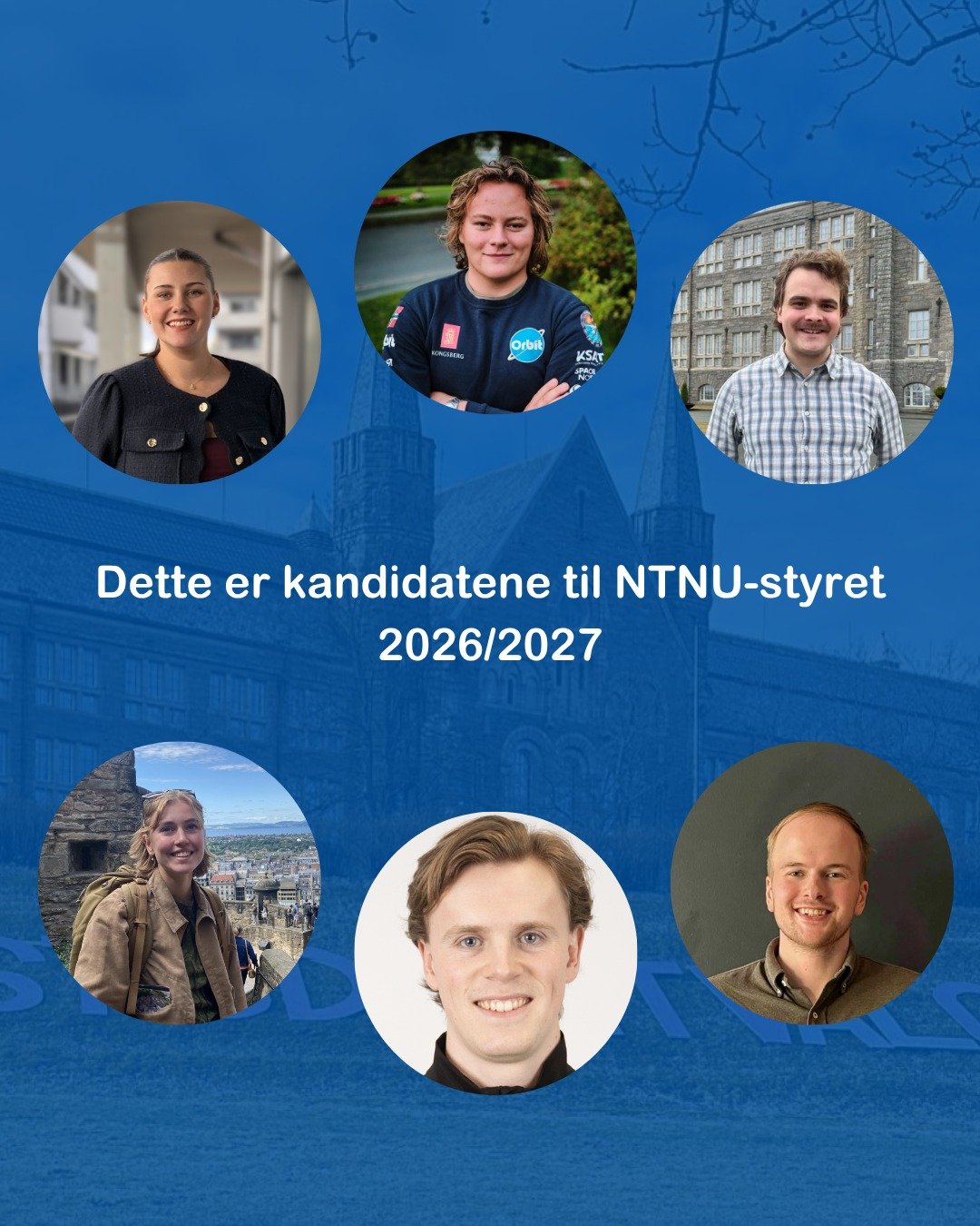 Dette er kandidatene til NTNU-styret 2026/2027💥

- Stine S&aelig;vik Dahl
- Njaal Ellegaard Melby
- Olav Magnus Knutsen
- Gro Letnes Nerg&aring;rd
- Sakarias Eirik Fjell Walhovd
- Trym Enge J&oslash;rstad

Du kan lese mer om kandidatene p&aring; stu
