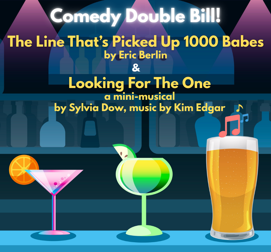 A promotional image with the title 'Comedy Double Bill', featuring three drinks on a bar counter against a dark background.