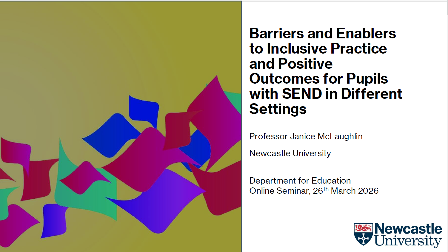 Image of the first slide of the presentation to the Department for Education Presentation. All text details are included alongside