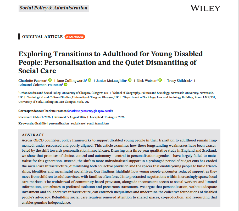 Front page of the article exploring transitions to adulthood for young disabled people. Personalisation and the Quiet Dismantling of Social Care. The doi is available on the website text that takes you to the open access version of the paper.