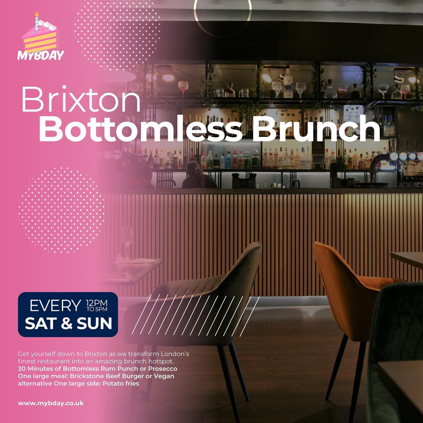 Looking for a brunch that's guaranteed to be a blast? Look no further than The Brickstone in Brixton for a bottomless brunch experience that will have you feeling like royalty! 
Tickets include:
 🎉 30 Minutes of Bottomless Rum Punch or Prosecco 🍔 O