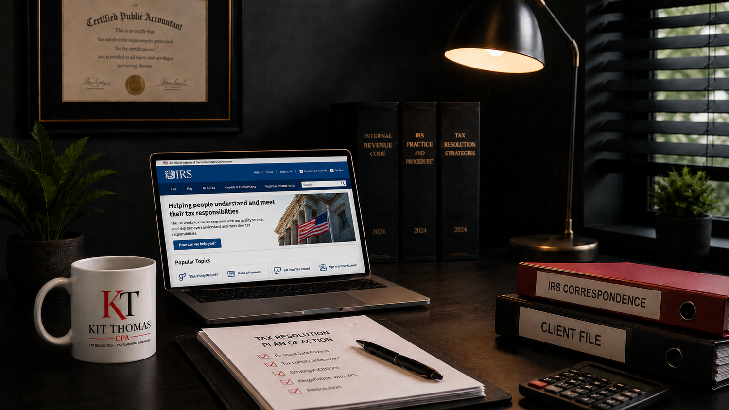 Professional tax resolution workspace for Kit Thomas CPA in Jacksonville, Florida