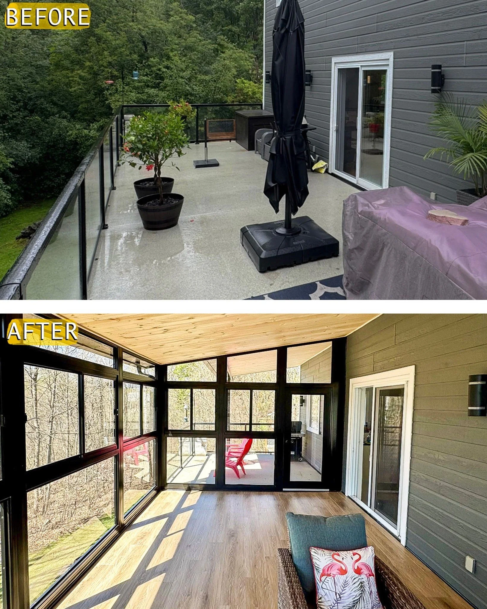 Before and after of a full transformation, converting an open terrace into a finished 3-season sunroom.

A more functional space that adds comfort, protection, and year-round usability.

Transformed in Saint-Lazare.

#montrealhomes #westislandmontrea