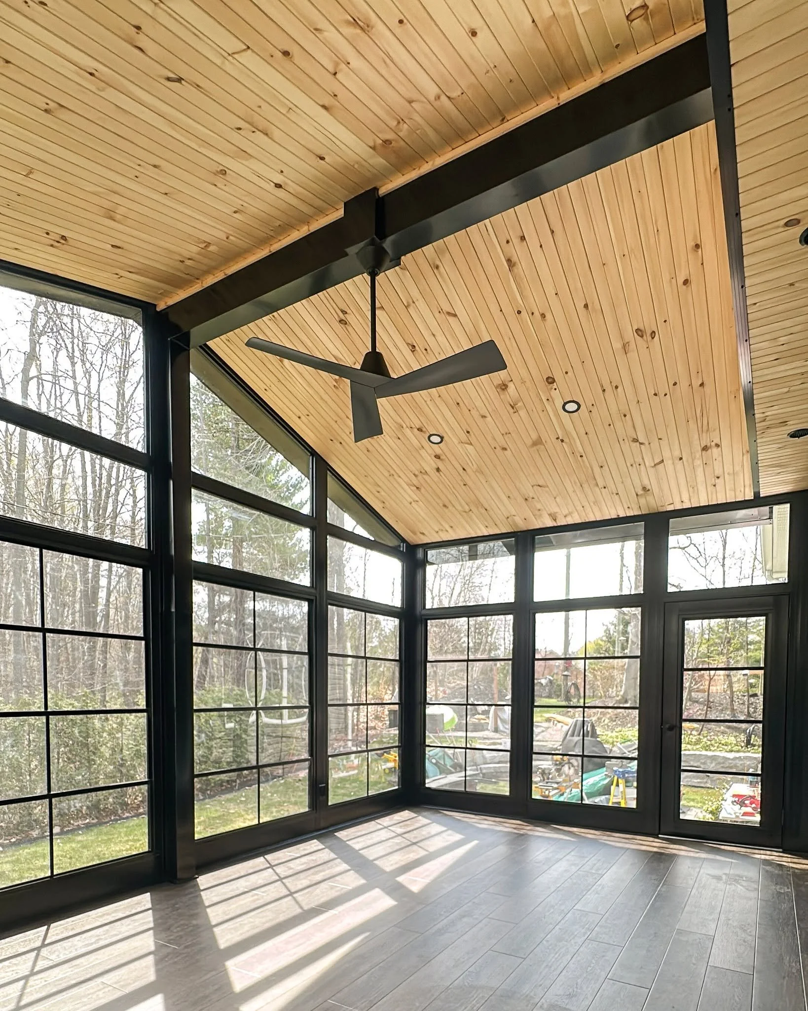 Natural pine ceilings, full glass walls, and black structural framing brought together in one space. 

Designed to feel open, bright, and connected to the outdoors year round.

#SunspaceUbora #SunroomDesign #ThreeSeasonRoom  #OutdoorLiving #Sunroom #