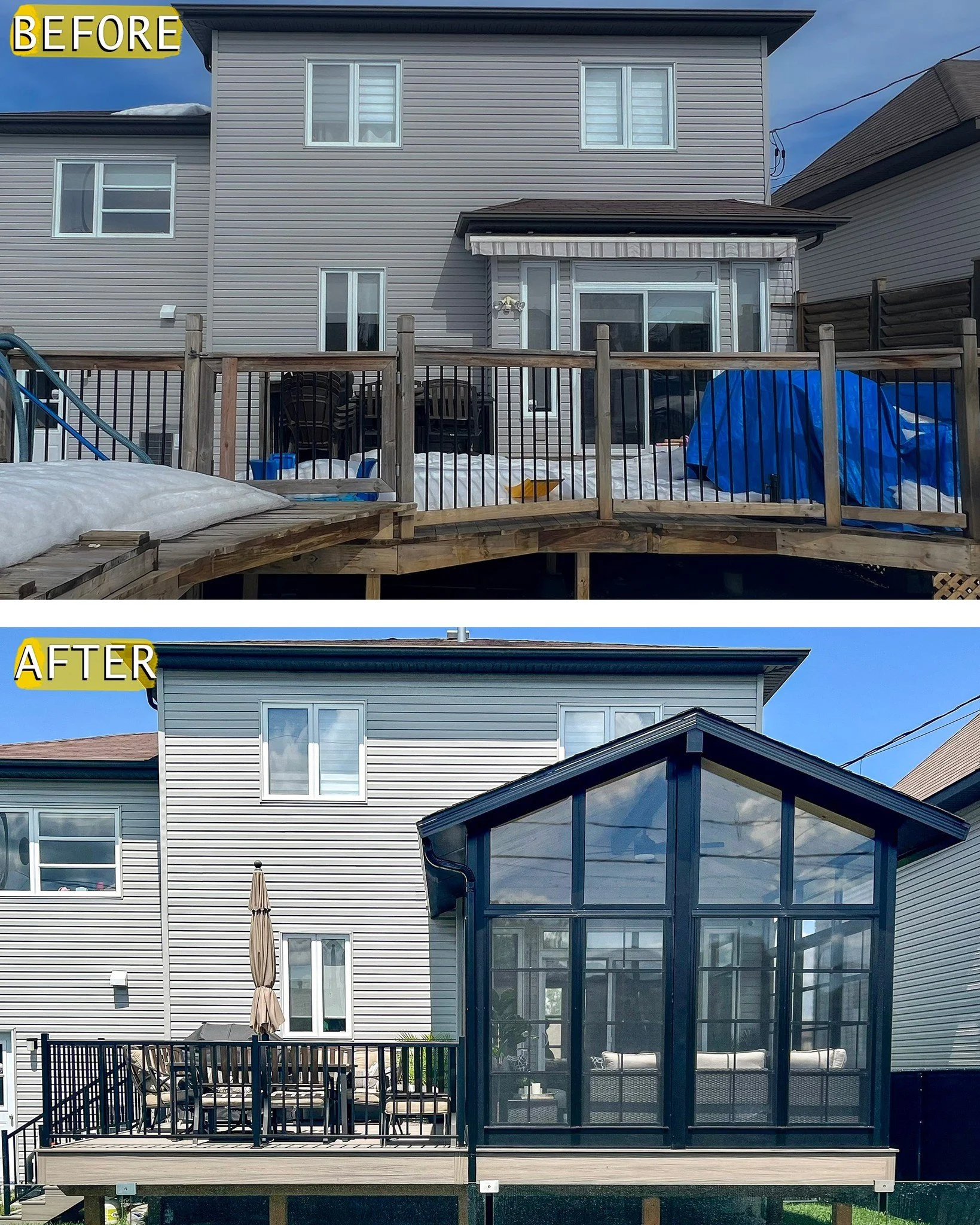 From open deck to year-round destination.
Designed to bring in the view without giving up comfort.

The entire feel of the backyard changed with one addition.

#SunspaceUbora #BeforeAndAfter #SunroomDesign #OutdoorLiving #ThreeSeasonRoom #BackyardTra