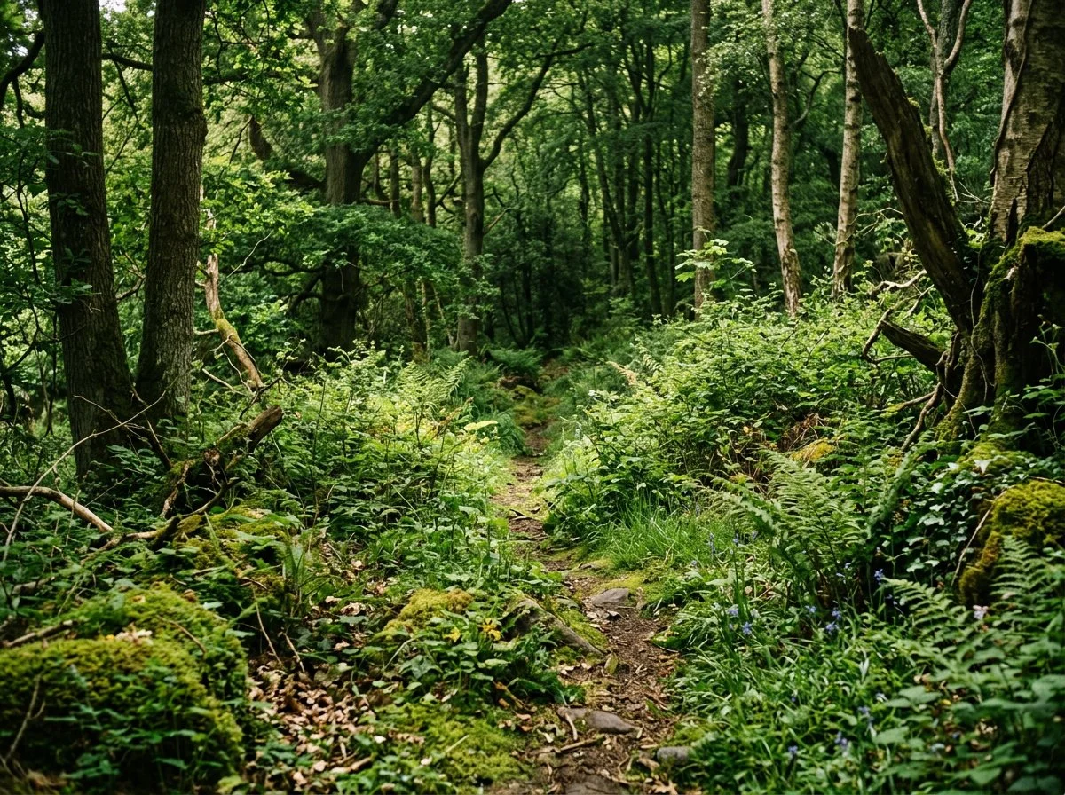 Overgrown woodland path showing complexity