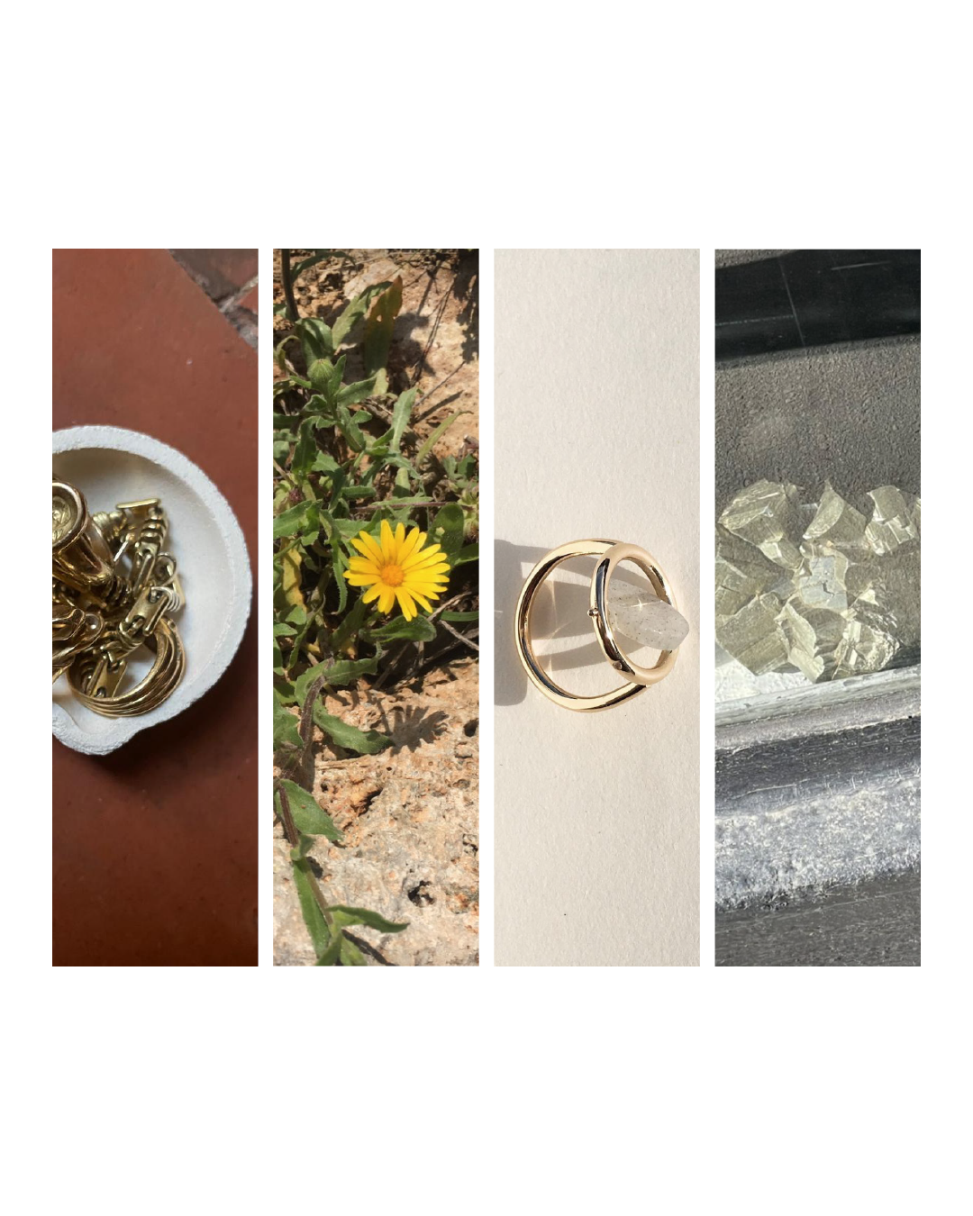 Collage de fourreaux, plante avec fleur jaune, bague avec pierre précieuse, morceaux de pierre ou de cristal