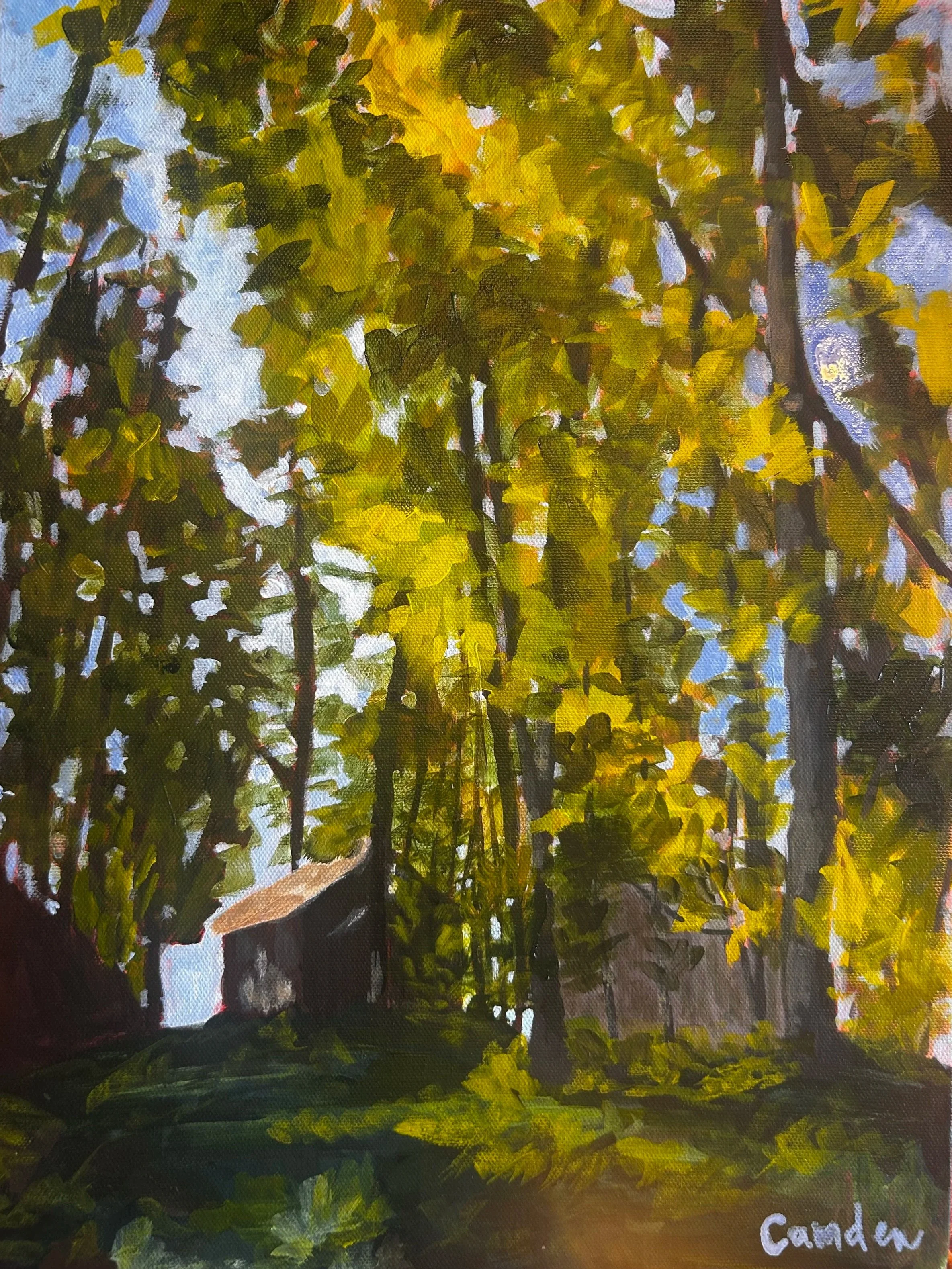 Painting of trees with green and yellow leaves and a pathway, signed 'Candy' in the bottom right corner.