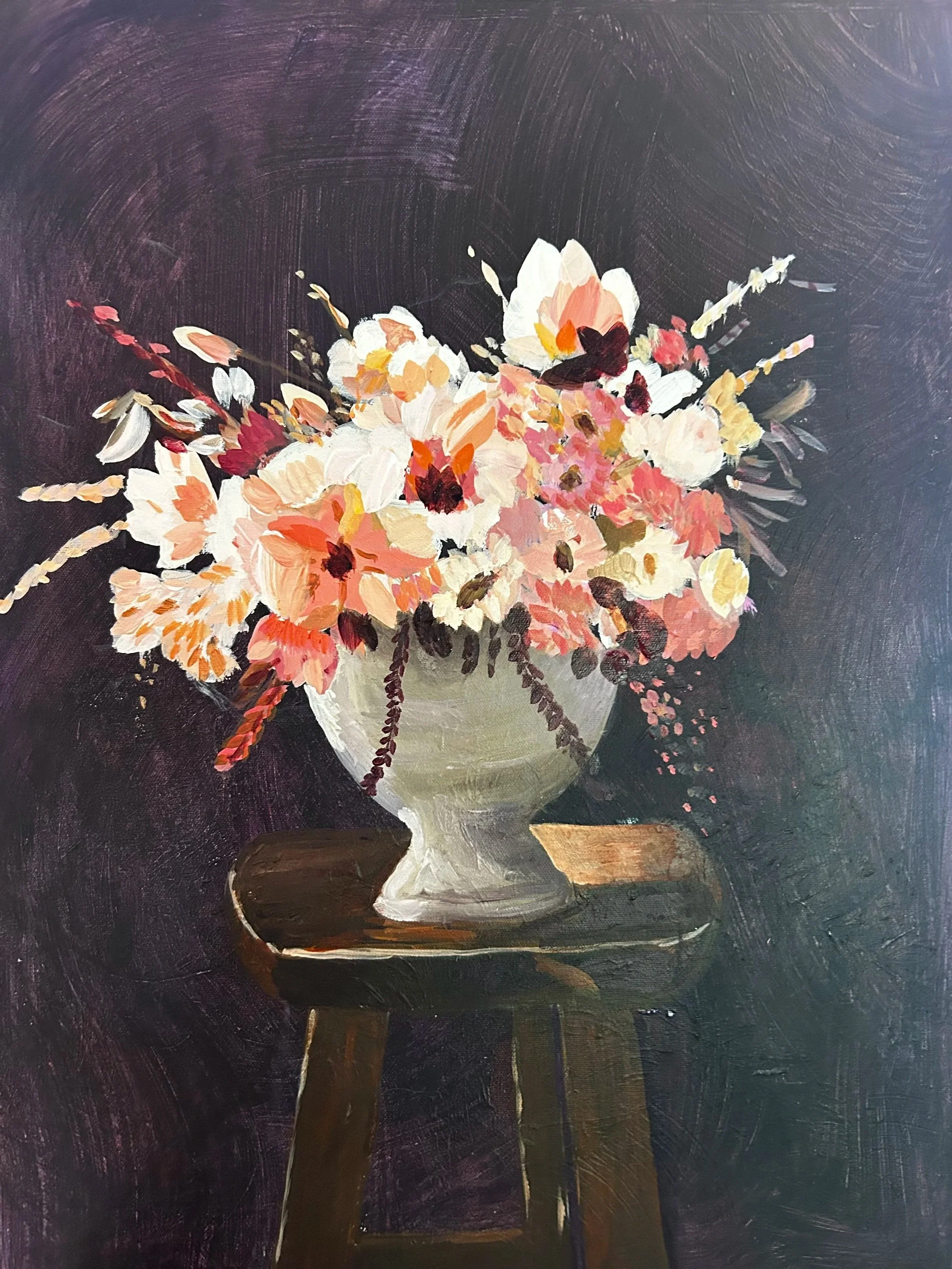 A bouquet of pink, white, and peach flowers in a white ceramic vase on a dark wooden table, against a dark background, in a painterly art style.
