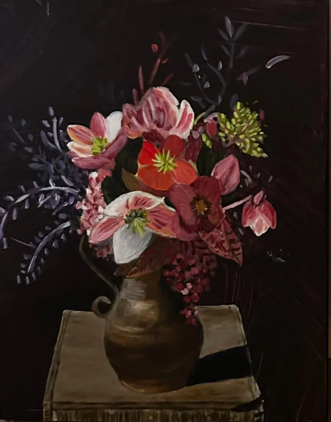 A still life painting of a bouquet of colorful flowers in a brown pottery vase on a wooden table.