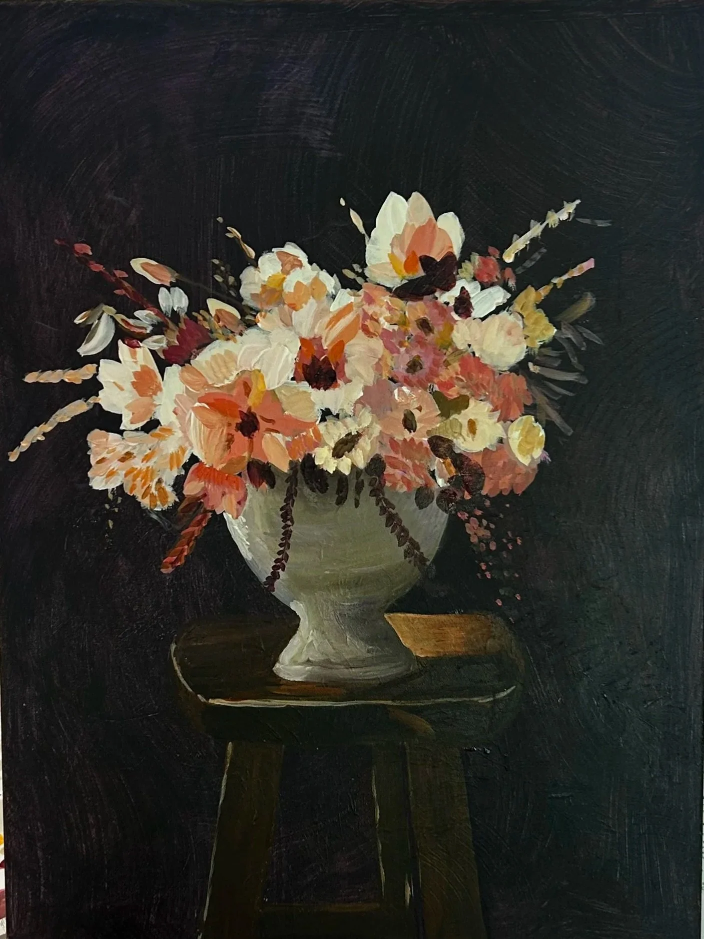 Painting of a bouquet of flowers in a white vase on a dark background.