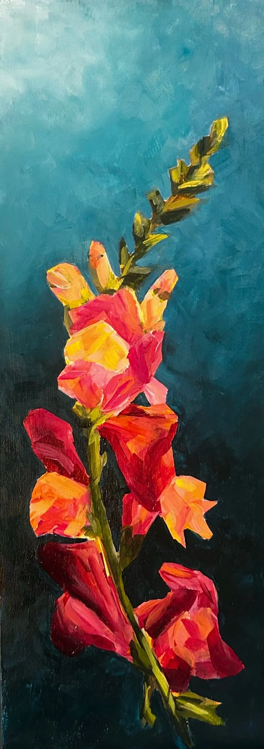 An abstract painting of a pink and red flower with green leaves on a dark background.