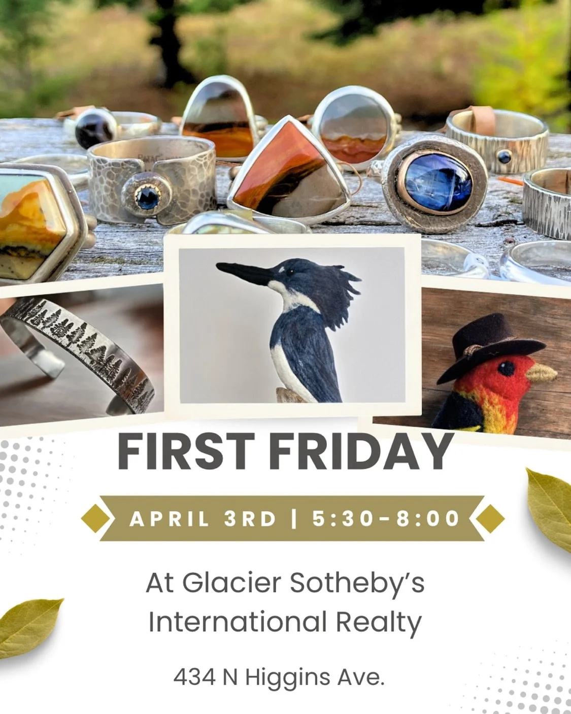 Save the date! You are all invited to our First Friday on April 3rd from 5:30 to 8 pm at Glacier Sotheby&rsquo;s at 434 N Higgins 💗💗 
Join us for an evening of fiber arts and jewelry, while enjoying refreshments and hors d&rsquo;oeuvres 🍷🧀 
Karl 