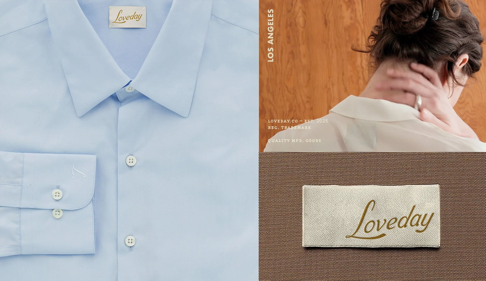 Close-up of a light blue button-up shirt with a collar and a front pocket, featuring white buttons, and a yellow label saying "Loveday" inside the collar. Next to the shirt, a person in a yellow textured jacket wearing a blue ribbed turtleneck.