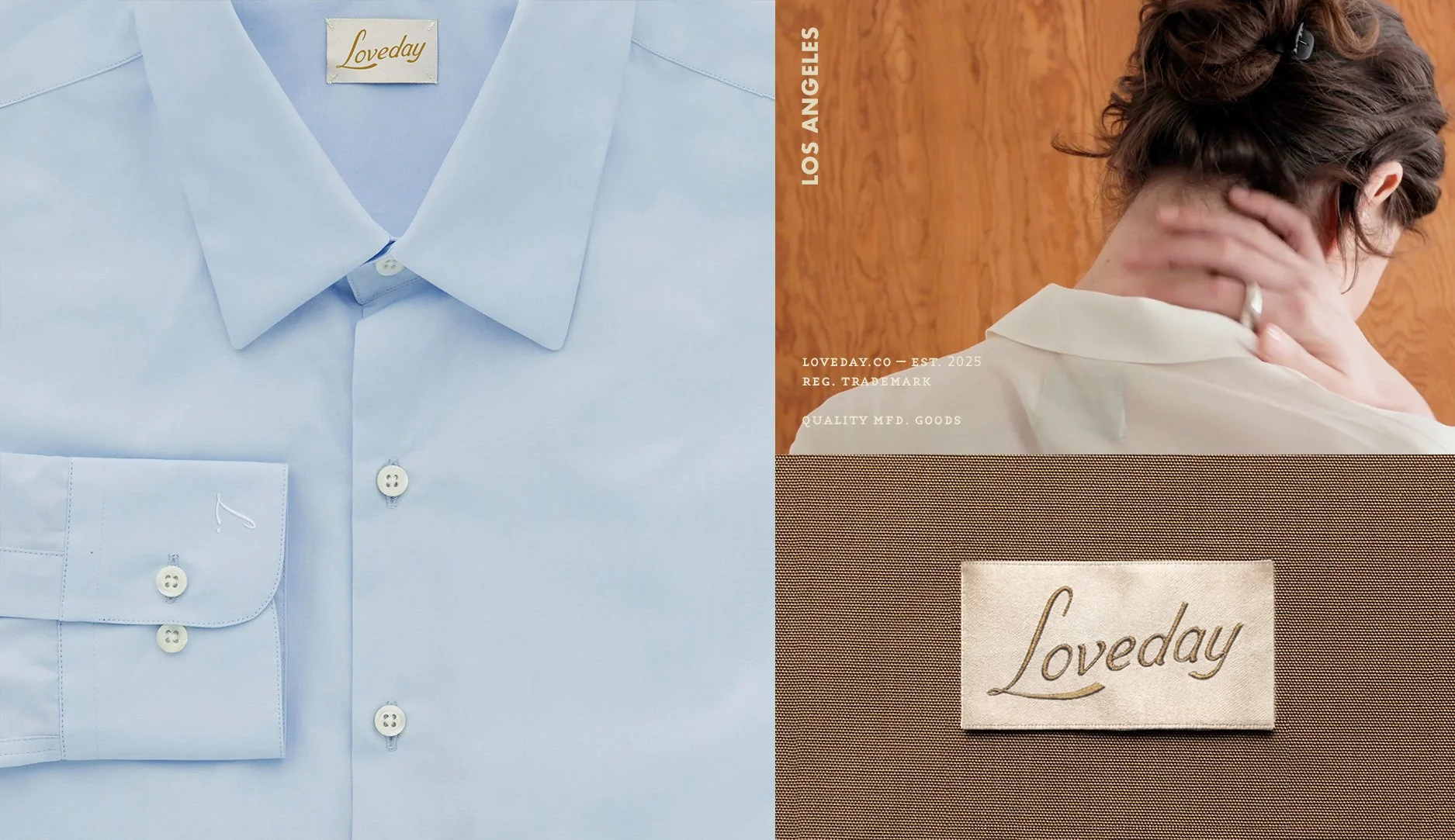 Close-up of a cream button-up shirt with a collar and a front pocket, featuring white buttons, and a yellow label saying "Loveday" inside the collar. Next to the shirt, a person in a yellow textured jacket wearing a blue ribbed turtleneck.