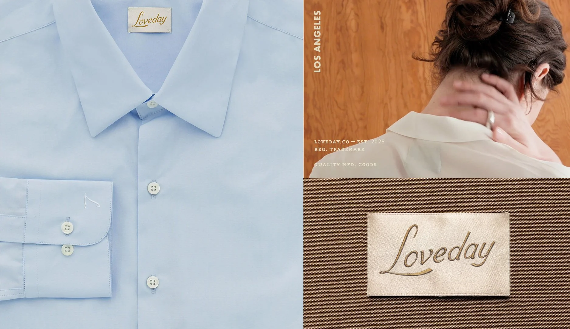 Close-up of a cream button-up shirt with a collar and a front pocket, featuring white buttons, and a yellow label saying "Loveday" inside the collar. Next to the shirt, a person in a yellow textured jacket wearing a blue ribbed turtleneck.
