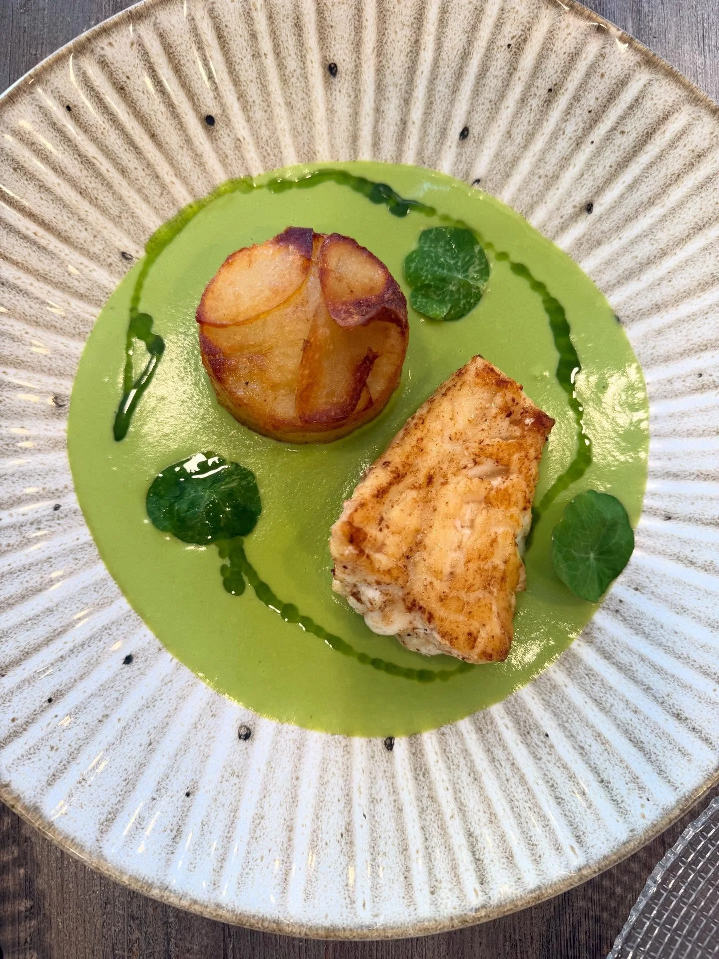 Monkfish tail, potato galette, pea velout&eacute; #weddingfood #eventcaterer #sussexcaterer #surreycaterer #earthcatering