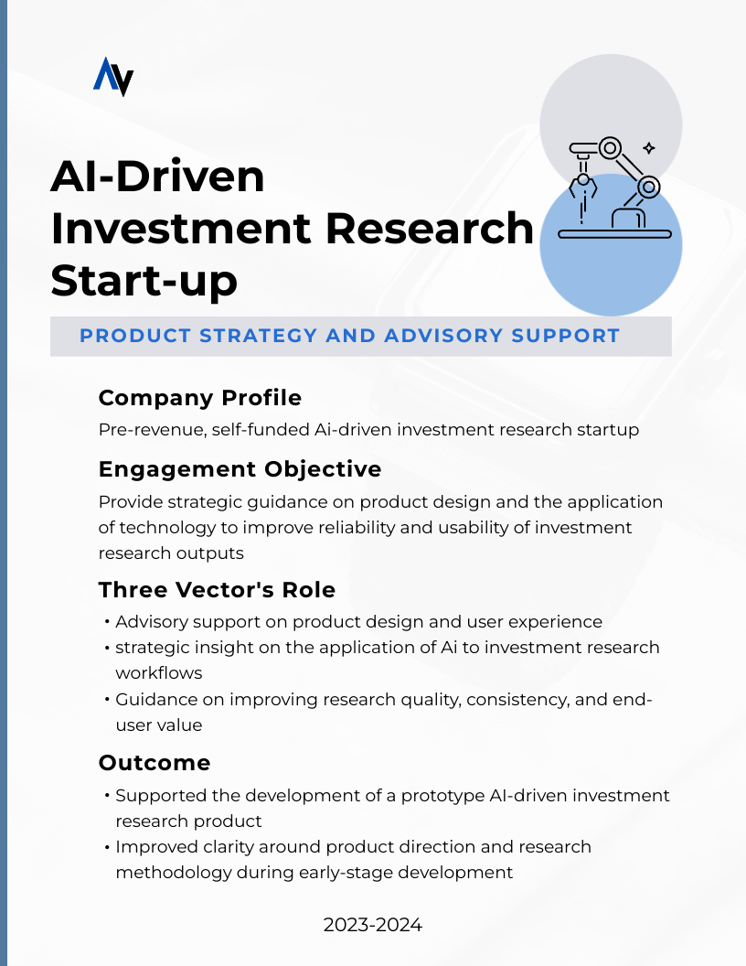 AI-driven investment research startup advised on product strategy and the application of artificial intelligence to improve investment research reliability and usability.