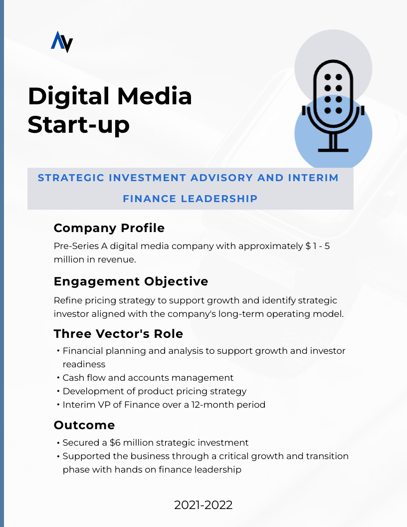 Digital media company advised on FP&A, pricing strategy, and interim finance leadership, supporting a $6 million strategic investment.