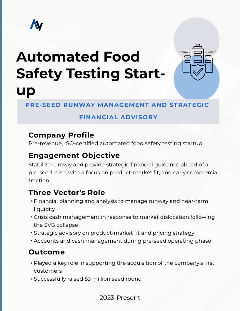 Automated food safety testing startup advised on runway management, pricing strategy, and cash operations during the pre-seed phase, supporting initial customer acquisition.